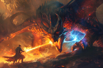Wall Mural - A detailed illustration of a dragonborn fighter facing off against a mighty dragon, with a fierce look of determination and a glowing sword, set in a fiery lair