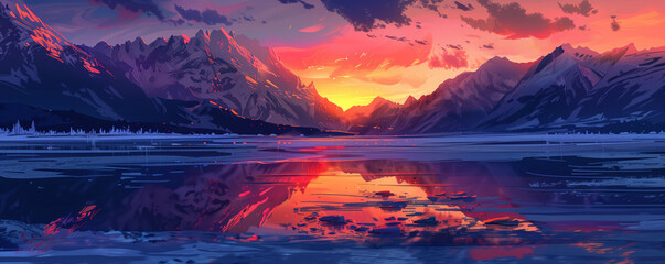 Wall Mural - The vibrant colors of sunset reflecting off a frozen lake, surrounded by the towering silhouettes of snow-capped mountains