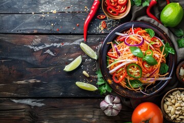 Wall Mural - A bowl of food with a variety of vegetables including carrots, peppers, and onions. The bowl is placed on a wooden table with a wooden background. There are also several bowls and spoons on the table