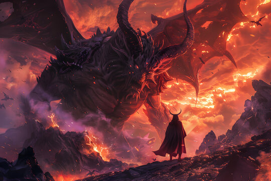 A detailed illustration of a tiefling warlock confronting a demon, with dark magic swirling around them and a look of defiance, set in a hellish landscape
