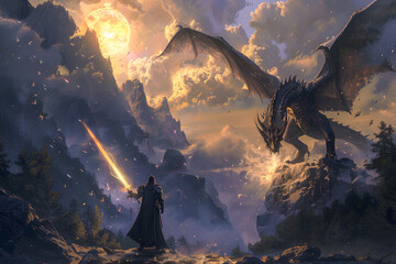 Wall Mural - A high-resolution illustration of a dragonborn paladin standing before a radiant dragon, with a sword raised high and holy light shining, set in a majestic landscape