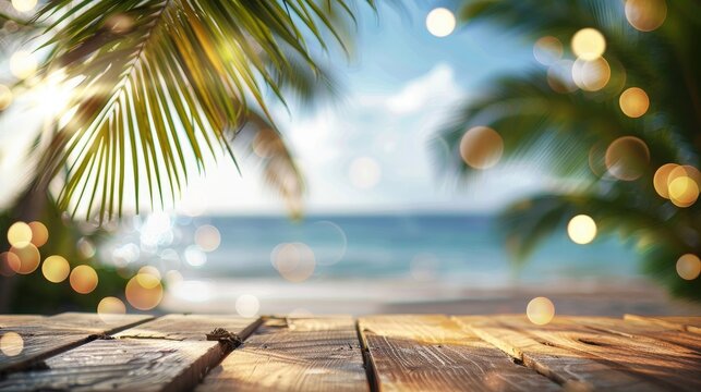 Abstract composition of a wooden plank on a summer table overlooking the sea, with palm leaves and defocused bokeh lights in the background