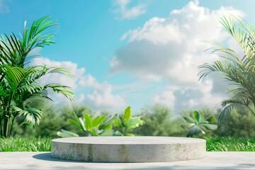 Wall Mural - empty concrete podium on green grass with tropical forest plant blur cloud blue sky background with space.,spring and summer concept - generative ai