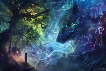 Wall Mural - A vibrant illustration of a druid shapeshifting into a wolf, with mystical energy and forest surroundings, set in a wild, untamed landscape 