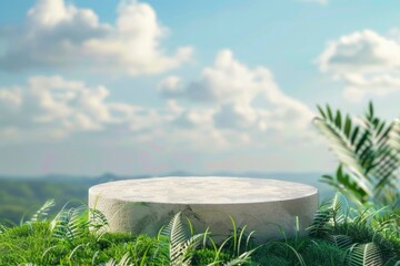Canvas Print - empty concrete podium on green grass with tropical forest plant blur cloud blue sky background with space.,spring and summer concept - generative ai