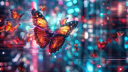 Wall Mural - Portrait of a digital butterfly flying through a neon-lit cyber landscape AI generated