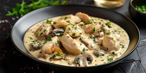 Sticker - Creamy White Wine Sauce Chicken Fricassee with Mushrooms Served on a Black Plate. Concept Creamy sauces, Chicken dishes, Mushroom recipes, Gourmet plates, Food presentation,