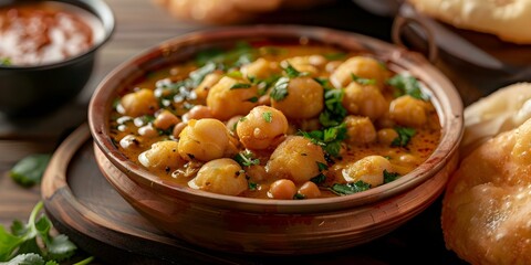 Poster - Chole Bhature A Popular Indian Dish with Fried Puri and Chickpea Curry. Concept Indian Cuisine, Street Food, Chickpea Recipes, Indian Comfort Food