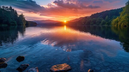 Wall Mural - A beautiful sunset over a lake with a reflection of the sun on the water. The sky is filled with orange and pink hues, creating a serene and peaceful atmosphere