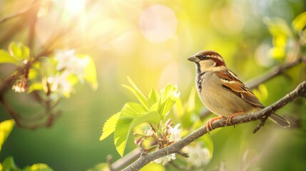 Naklejka na meble A Sparrow Perched on a Branch in Springtime Sunlight