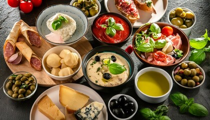  Italian food assortment on dark background.