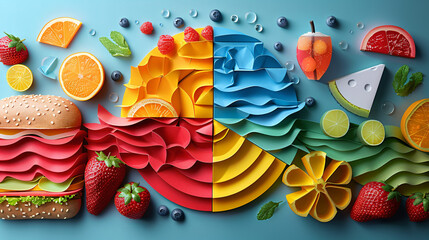 Wall Mural - Colorful Food Collage with Paper Waves.