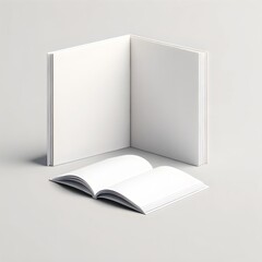 A minimalist photograph of two blank books, one open and standing upright, the other lying flat. 