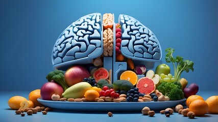 Wall Mural - Brain nutrition in a futuristic blue design with wholesome meals.
