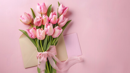 Wall Mural - Mothers Day concept Top view photo of bouquet of pink tulips tied with silk ribbon and envelope with postcard on isolated pastel pink background with copyspace : Generative AI