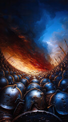 A painting of a battle scene with a large group of soldiers in blue helmets