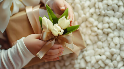 Wall Mural - The childs hands hold a beautiful gift box with a ribbon and white tulips Top view closeup Happy mothers day : Generative AI