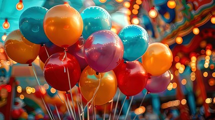 Vibrant Carnival Atmosphere: Colorful Balloons, Confetti, Streamers, and Glowing Red and Blue Lights