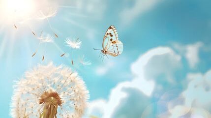 Canvas Print - Natural pastel background Morpho butterfly and dandelion Seeds of a dandelion flower on a background of blue sky with clouds Copy spaces : Generative AI