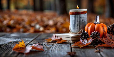 Sticker - Background with Halloween pumpkins, candle and autumn leaves on the wooden house porch
