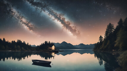 Wall Mural - A tranquil lake reflecting the starry sky, with perhaps a small boat or pier extending into the water.