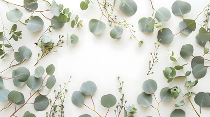 Wall Mural - Round frame with branches eucalyptus and leaves isolated on white background lay flat top view : Generative AI