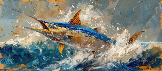 Wall Mural - A Striking Blue Marlin Leaps From the Ocean