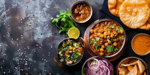 Poster - Delicious Indian Dish Chole Bhature with Puri Masala and Salad. Concept Indian Cuisine, Chole Bhature, Puri Masala, Salad Recipe, Traditional Dish