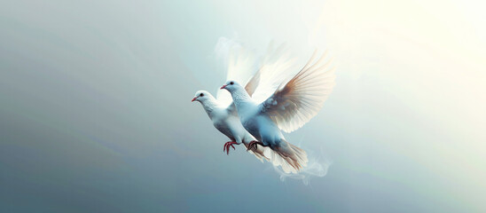 Sticker - International Day of Peace. Two white dovesflying in the sky. Concept of peace.