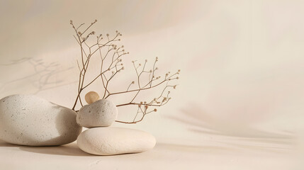 Aufkleber - Abstract nature scene with composition of stones and dry branch Neutral beige background for cosmetic beauty product branding identity and packaging Natural pastel colors Copy space fr : Generative AI