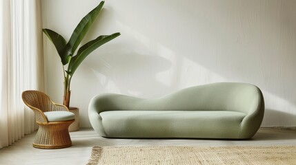 Wall Mural - Modern interior setting with a focus on furniture and decor. The main subjects include a mint green, wavy-shaped sofa with a textured fabric, a wicker chair with a light blue cushion