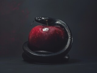 Wall Mural - Medium shot of an red apple with a black snake wrapped around it, themed background, bright tonality. 