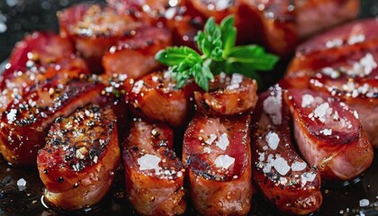 Wall Mural - juicy grilled meat with herbs and salt. fried juicy sausages from the grill