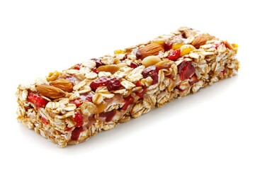 Strawberry, oat and nut bar isolated on white