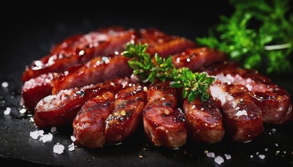 Canvas Print - juicy grilled meat with herbs and salt. fried juicy sausages from the grill