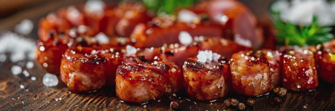 juicy grilled meat with herbs and salt. fried juicy sausages from the grill