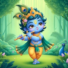 Wall Mural - Divine Dance: Krishna's Heavenly Play