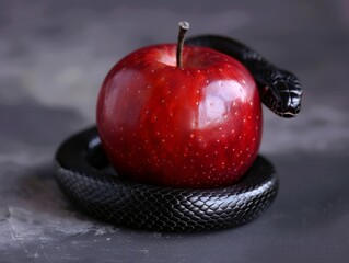 Wall Mural - Medium shot of an red apple with a black snake wrapped around it, themed background, bright tonality. 