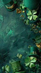 Wall Mural - Happy St. Patrick's Day banner design. Top view shamrock leaf clovers and Irish elf hats on green background. Saint Patricks Day flat lay composition