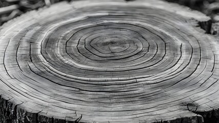 Wall Mural - Texture of warm gray-cut wood. detailed texture of a fallen tree stump or trunk in black and white. rough organic tree rings with the end grain magnified.