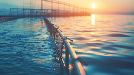 Wall Mural - Sunrise over serene water with fence leading into distance