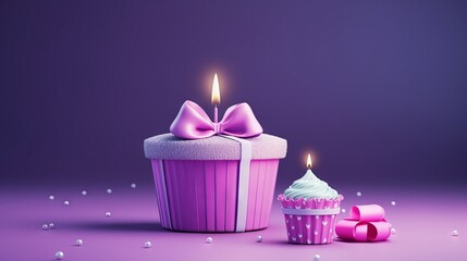 Wall Mural - Colorful birthday cupcake with lit candle and wrapped present for celebration theme
