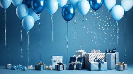 Wall Mural - Colorful blue birthday decorations with balloons and presents, perfect for celebration backgrounds
