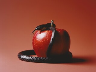 Wall Mural - Medium shot of an red apple with a black snake wrapped around it, themed background, bright tonality. 