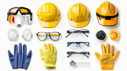 Personal Protective Equipment (PPE): Equipment such as helmets, gloves, and safety glasses for protecting workers isolated on white background