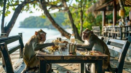 Wall Mural - Monkeys eat the remains of food on the tables in a resort, AI Generative