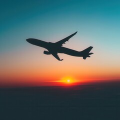 Poster - A minimalistic silhouette of an airplane in flight against a vibrant sunset sky. Perfect for travel and aviation-related projects. Generative AI