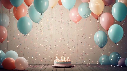 Birthday celebration with colorful balloons, confetti, and a decorated cake on a bright background


