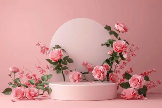 Blank podium with pink roses on pink background. Showcase for product, perfume, jewelry and cosmetic presentation --ar 3:2 Job ID: 29b5a6bb-6f91-406b-8cdc-6a4851de05c1