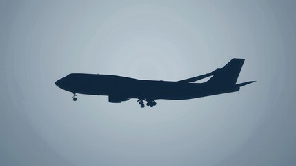 Poster - A minimalist silhouette of a commercial airplane flying against a gray sky. Generative AI